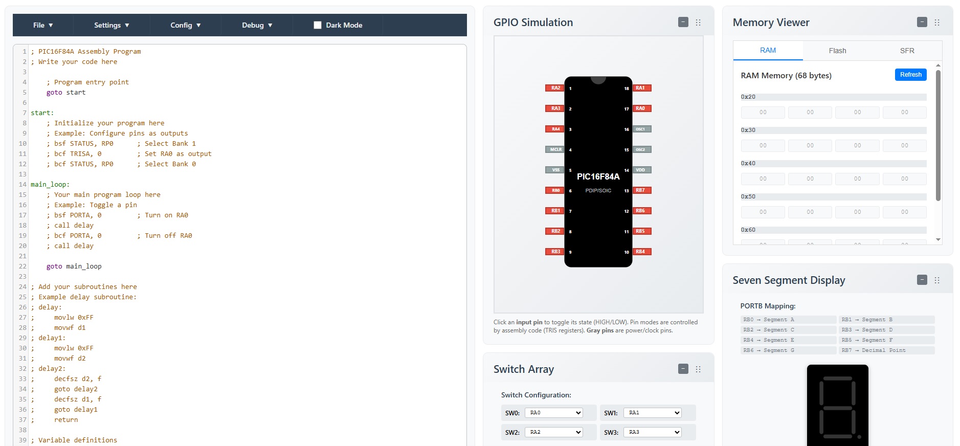 PIC Simulator main application interface showing editor, simulator, and GPIO controls