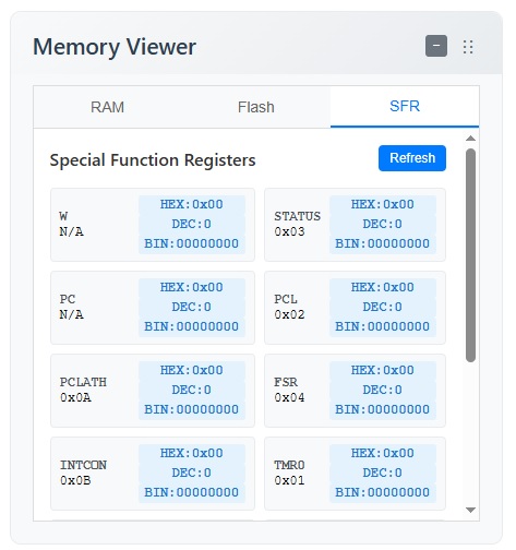 Register display showing current values and flags