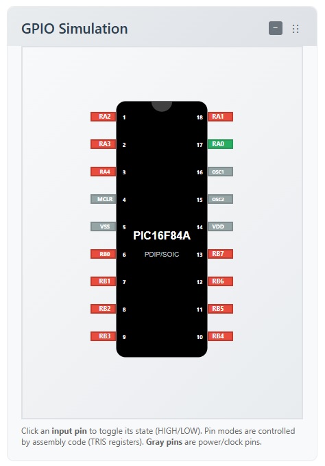 GPIO controls showing PORTA and PORTB pins